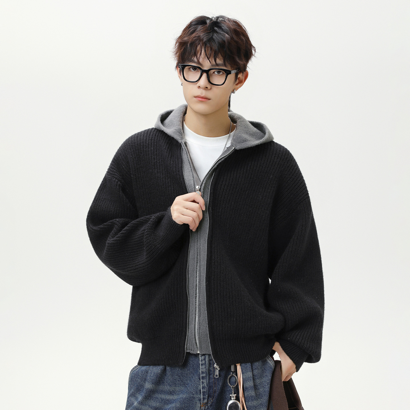 Textured Imitation Deer Fur Plush Fake Two-piece Cardigan Hooded Designer Sweater Sweater Men's Autumn Winter Trendy Brand Couple Knitted Sweater
