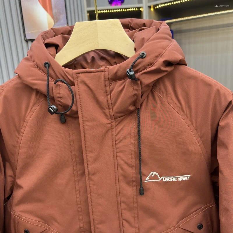 Men's Down Hooded White Duck Jacket Outdoor Multi-Functional Workwear Thick Warm Solid Color Coat Windproof Mountaineering