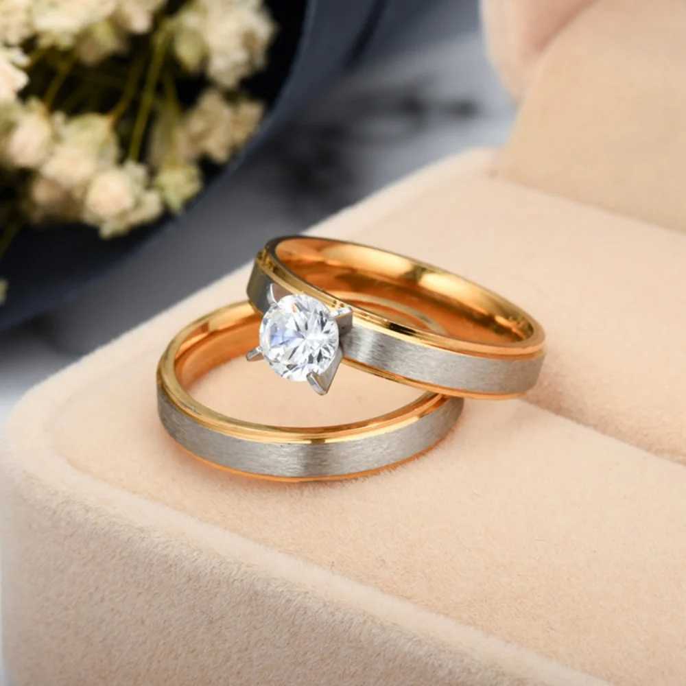 Fashion Matte 4Prong Zircon Stainless Steel Couple Rings Set For Women Men Engagement Ring Valentine Day Jewelry Gift Size 612W251030