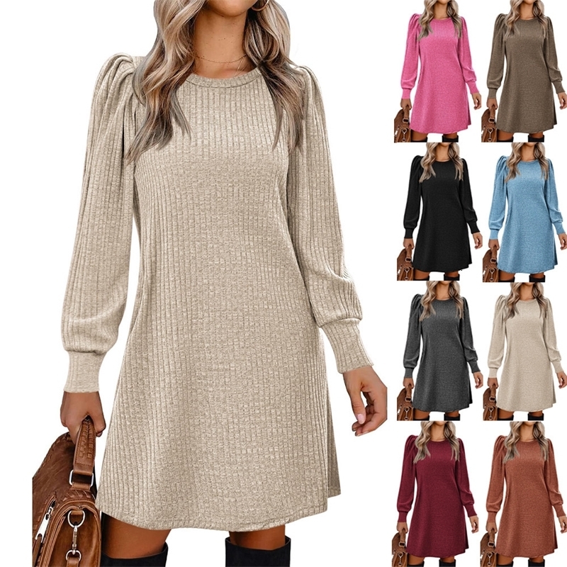 Y2K autumn and winter womens crew neck solid color sweater bubble sleeve fashion dress comfortable casual loose dress 251029