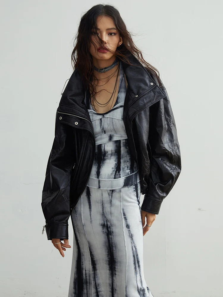 EAM Black Big Size PU Leather Jacket Removable Fur Collar Long Sleeve Women Coat Fashion Spring Autumn 2025 1DH2121 251029