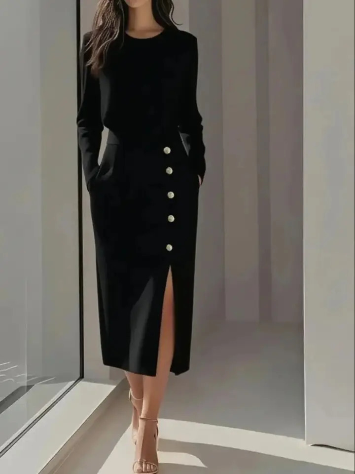 Womens Solid Color Long Sleeves Elegant Midi Dress with Button Details and Side Slit Crew Neck 251027