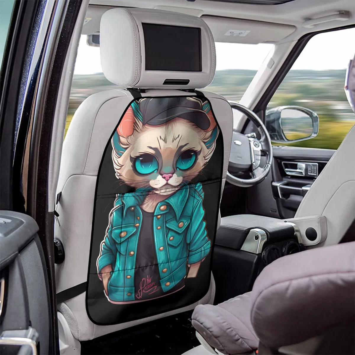 Car Seat Back Organizer with Multiple Pockets, Black Polyester Storage Bag for Headrest, Vehicle Seat Organizer with Black Frame