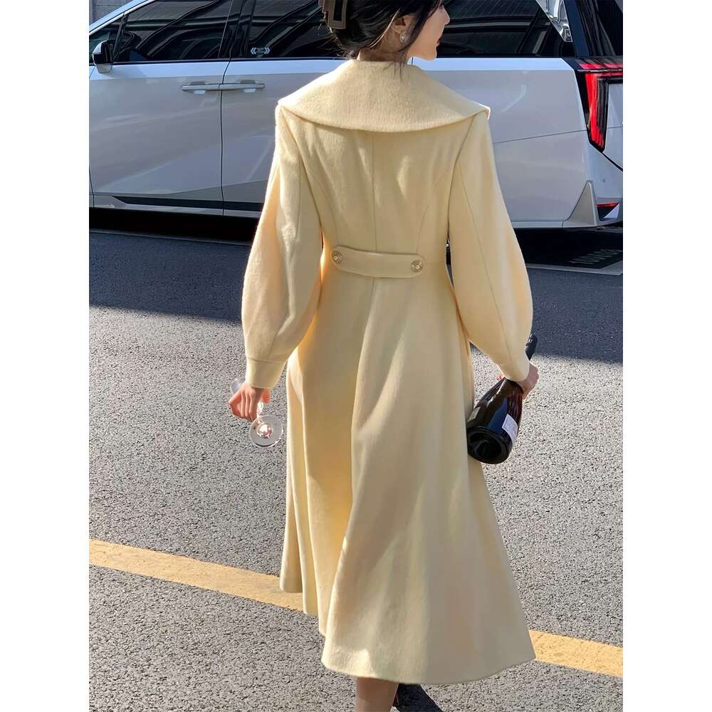Women S Elegant Mustard Yellow Tweed Double Breasted Coat Long Winter Jacket With Like Buttons Structured Collar A Line Silhouette Hine Washable