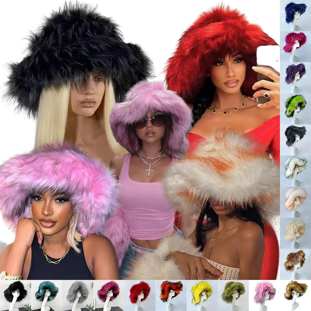 Fluffy Women Faux Fur Bucket Hats Oversized 17cm Wide Brim Thicken Outdoor Warm Plush Punk Hat Girl Y2k Female Ski Panama 251028