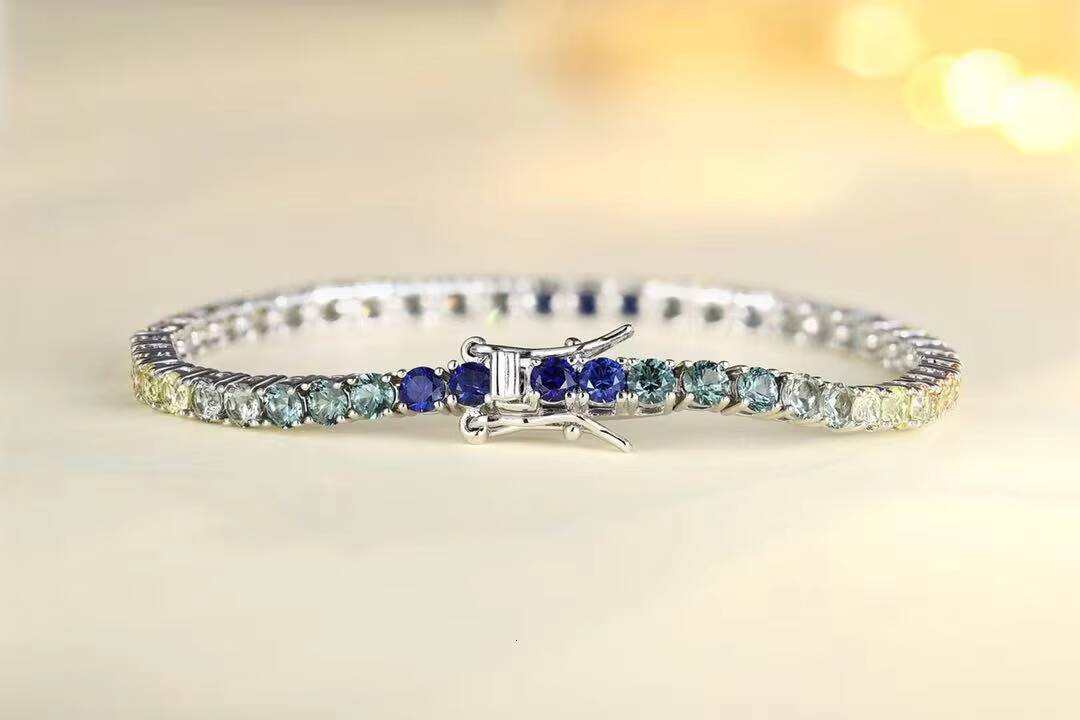 14K Solid Rose Gold Tennis Bracelet Trendy Design 25 mm Cut Natural Rainbow Sapphire for Weddings Moissanite Bracelets Bangles