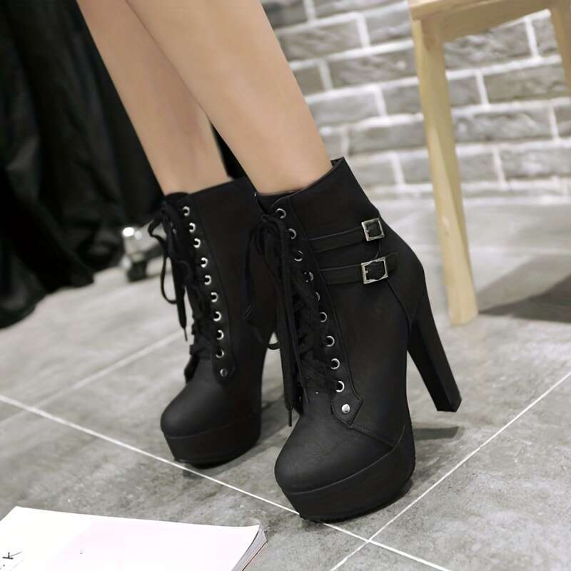 Women's Solid Color Block Heeled Fashion Lace Up Short Boots, Comfortable Ankle Boots