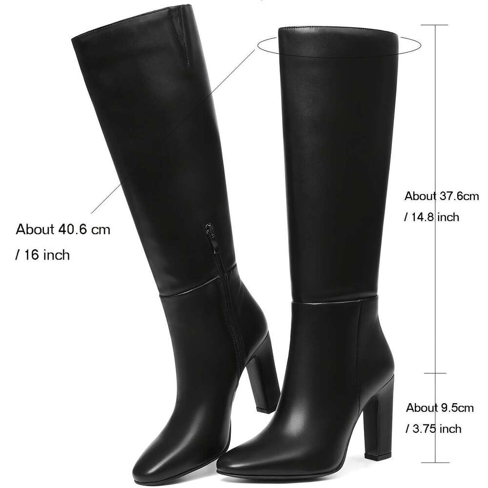 Norhea Women Mid-Calf Boots Chunky High Heel Side Zipper Round Toe Shoes PU Elegant Comfort Dress Party Booties