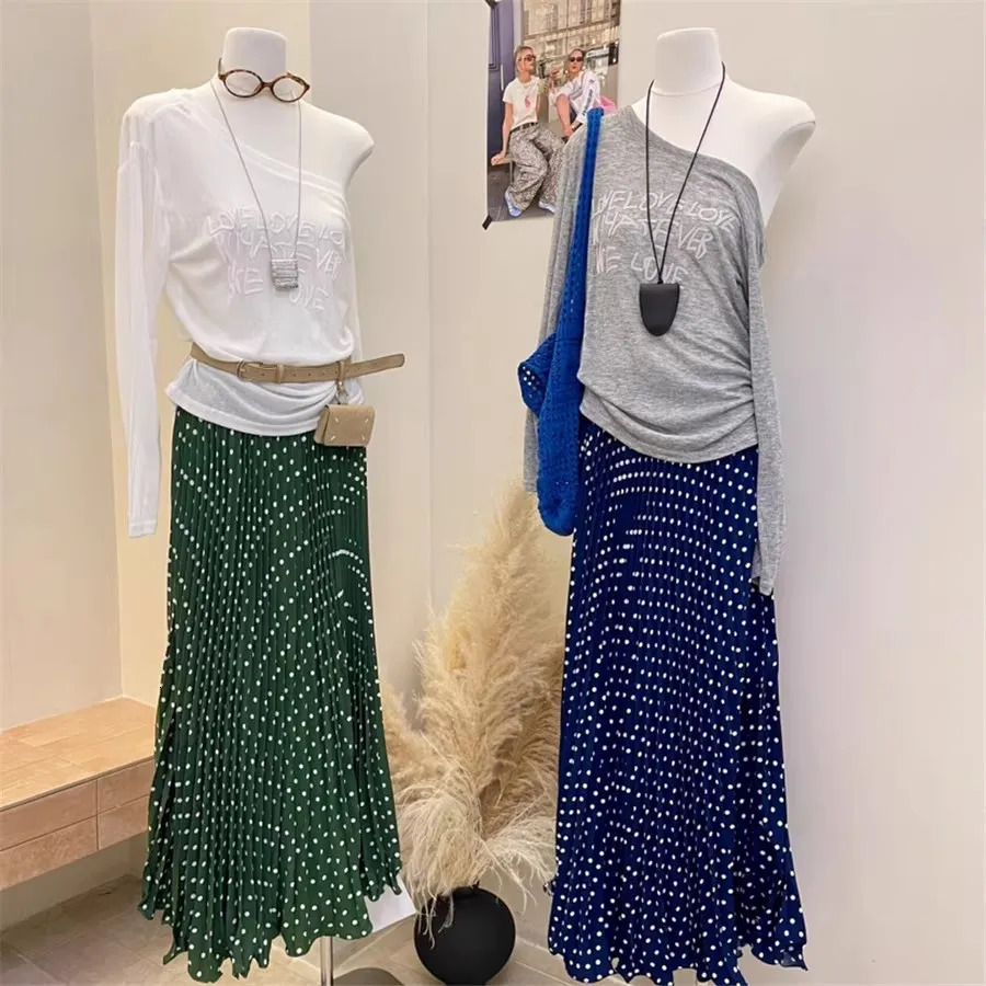 High Waist Polka Dot Long Skirt for Women Elegant Boho Beachwear Big Hem Ruffled Pleated Loose Fit 2025 Style 251028