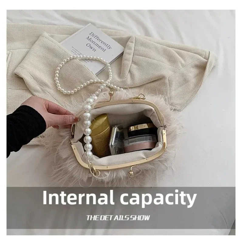 Shoulder Bag Tassel highend fiery chicken feather niche crossbody bag pearl chain versatile autumn and winter plush bag M251030