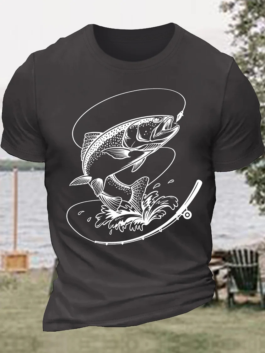 European & American Oversized Men's Funny Fishing Print Father's Day Gift Cotton Casual Letter T-Shirt - TT7301
