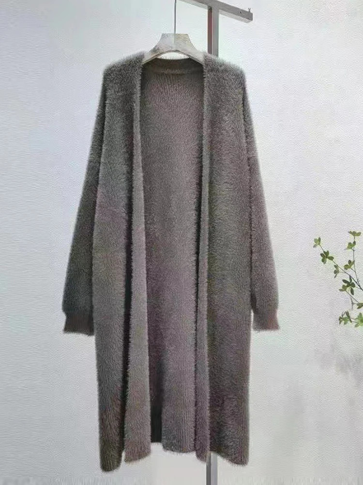 AutumnWinter Lazy Style Warm Knee Length Thickened Women Cardigan Pure Mink Fleece Knitted Sweater Coat 251028