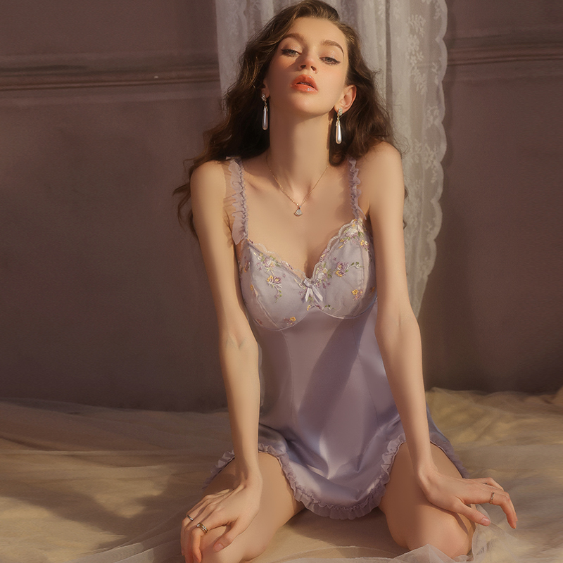 Sexy satin silky slip dress, push-up + padded alluring pajamas, women's high-end pajamas and bathrobe set Valentine's Day and Christmas gift