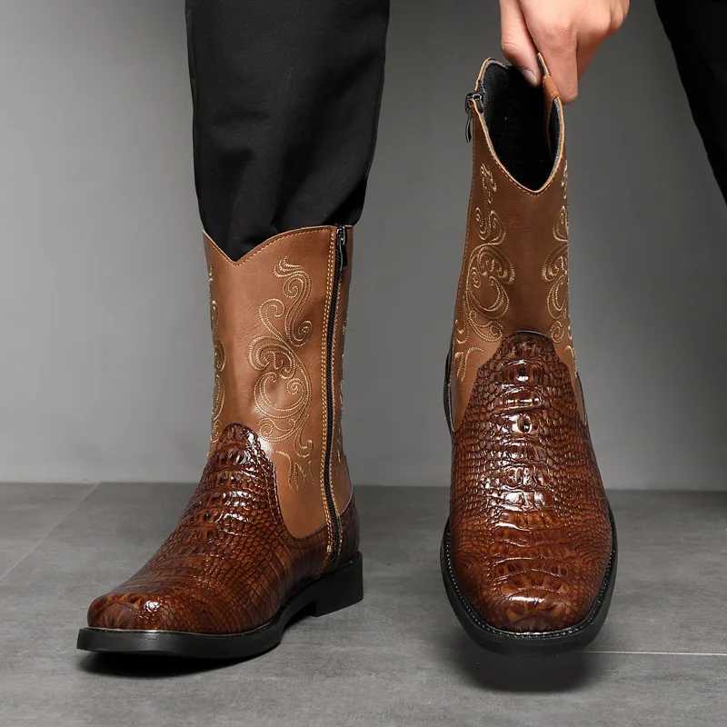 Mens Wide Width Tall Cowboy Boots Fall 2025 PU Leather High Shaft Western Embroidered Workwear Vintage Riding Boots for Outdoor Z251029