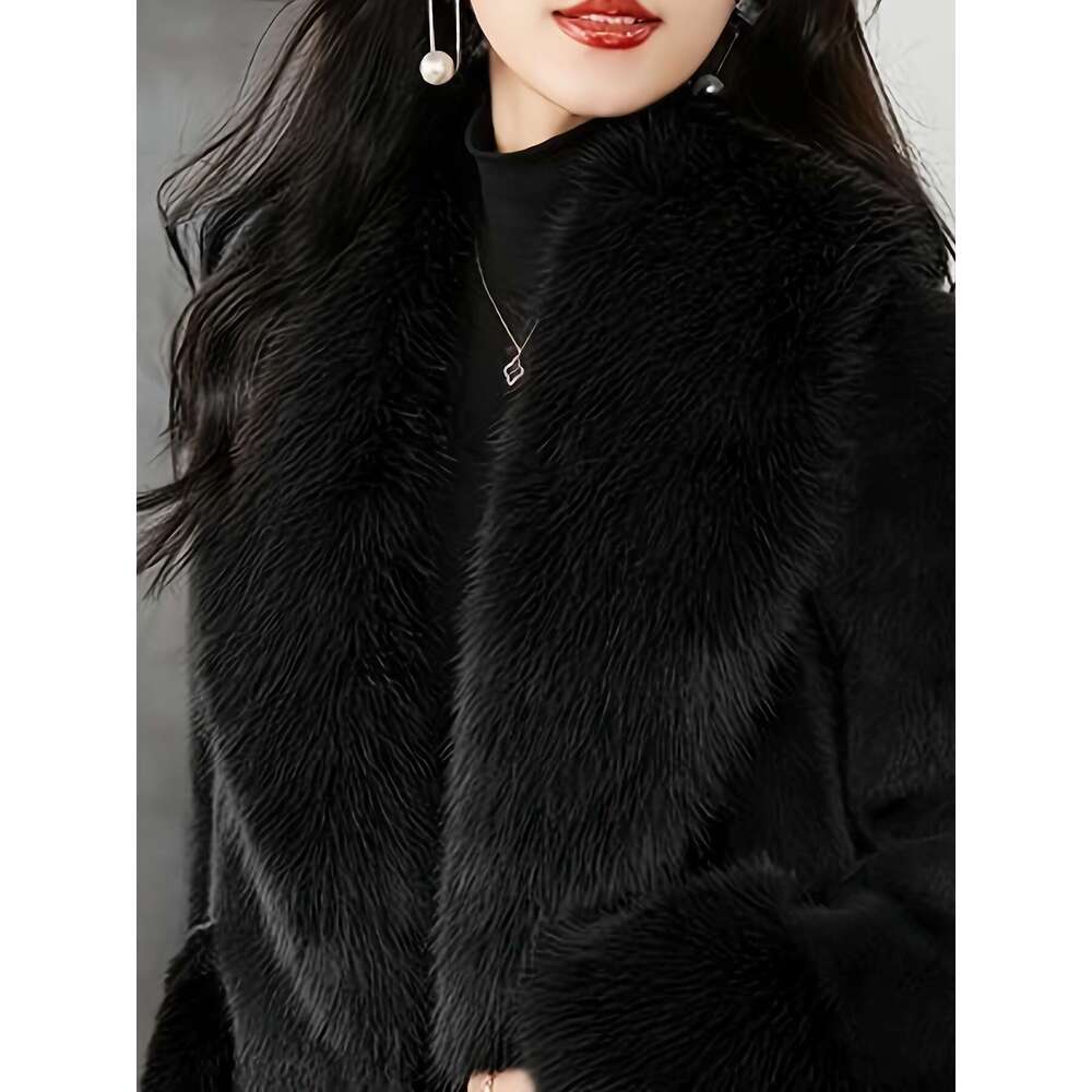 Women S Elegant Fur Lined Coat With Oversized Faux Fur Hood Imitation Grass Tie Belt Rich Brown Hand Wash Dry Clean Only Outerwear For Weather Winter