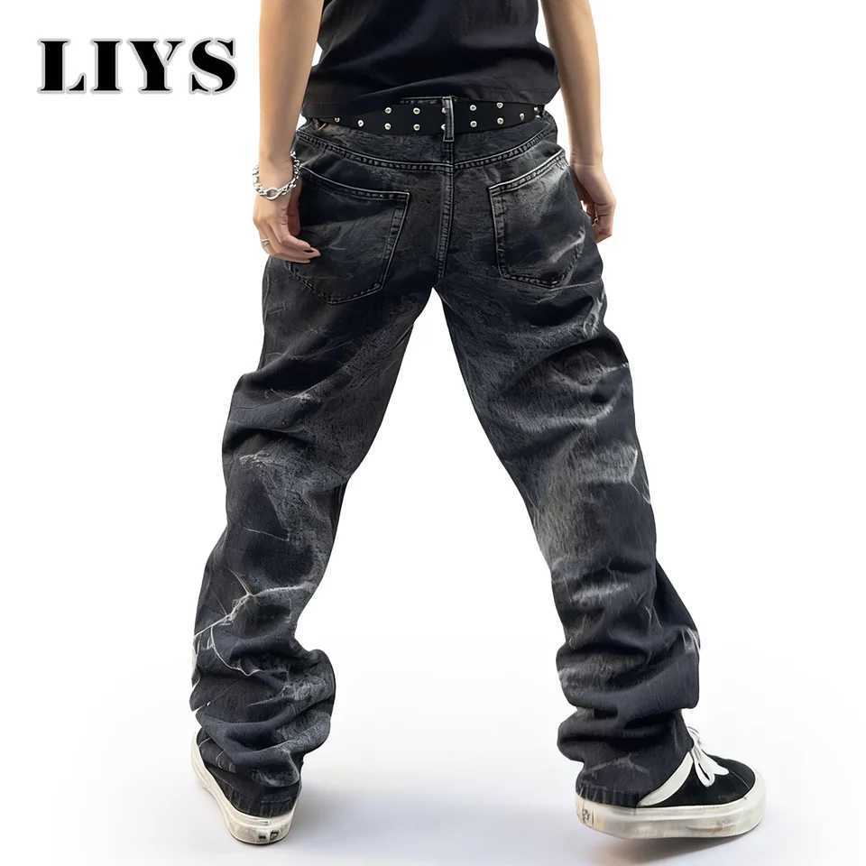 Autumn Mens Black Personalized Straight Leg Retro Jeans American Street Splashed Ink Loose Unisex Denim Pants Trendy Trousers J2510301