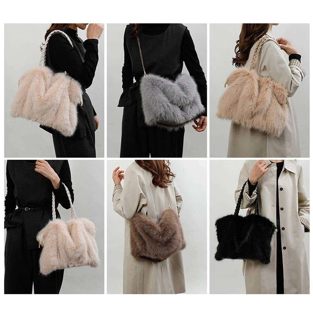 Women's Fashionable Plush Large Capacity Tote High-End Pleated Fox Fur Shoulder Crossbody Commuter Bag With Metal Chain