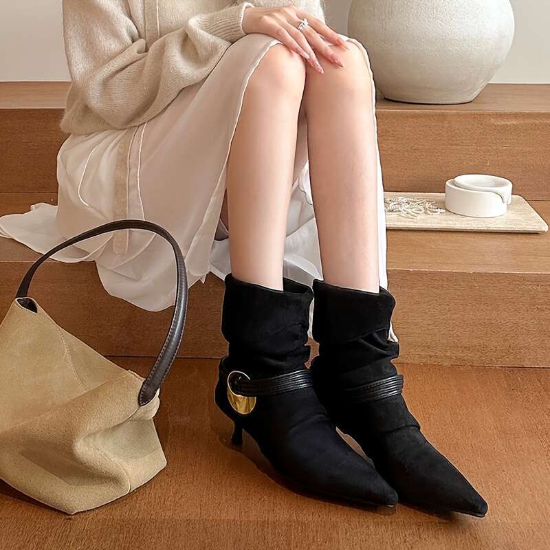 Women's Pointed Toe Wrinkle-Knee High-Heel With 5Cm Height Mid-Calf PU Cover-Like Texture, Buckle Strap Golden-Tone Hardware, All-Season Round-To