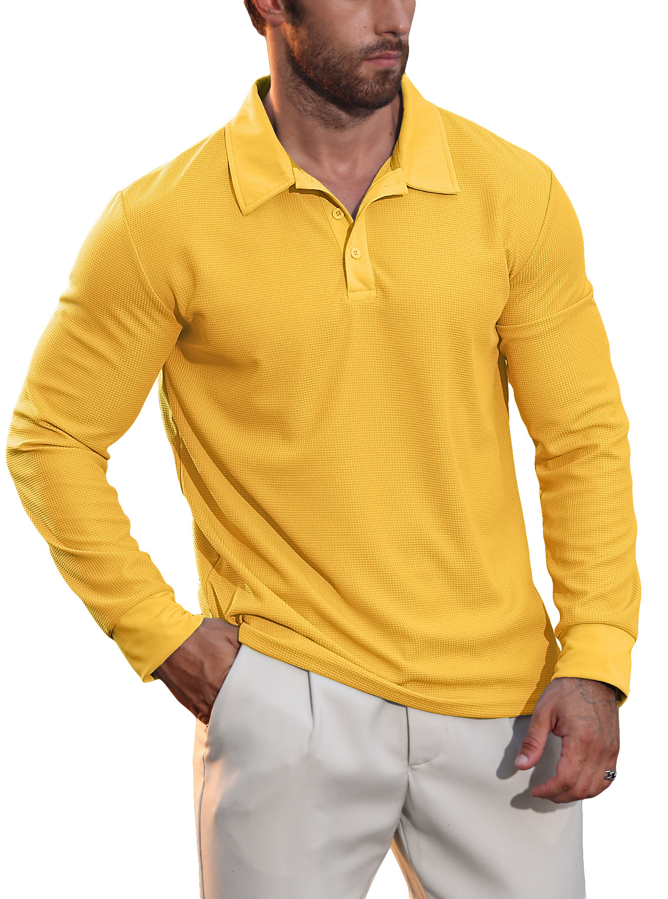 Fitted Fashion Plaid Autumn New Men's Waffle Collar Polo Shirt American Casual Vacation Long Sleeve T-Shirt