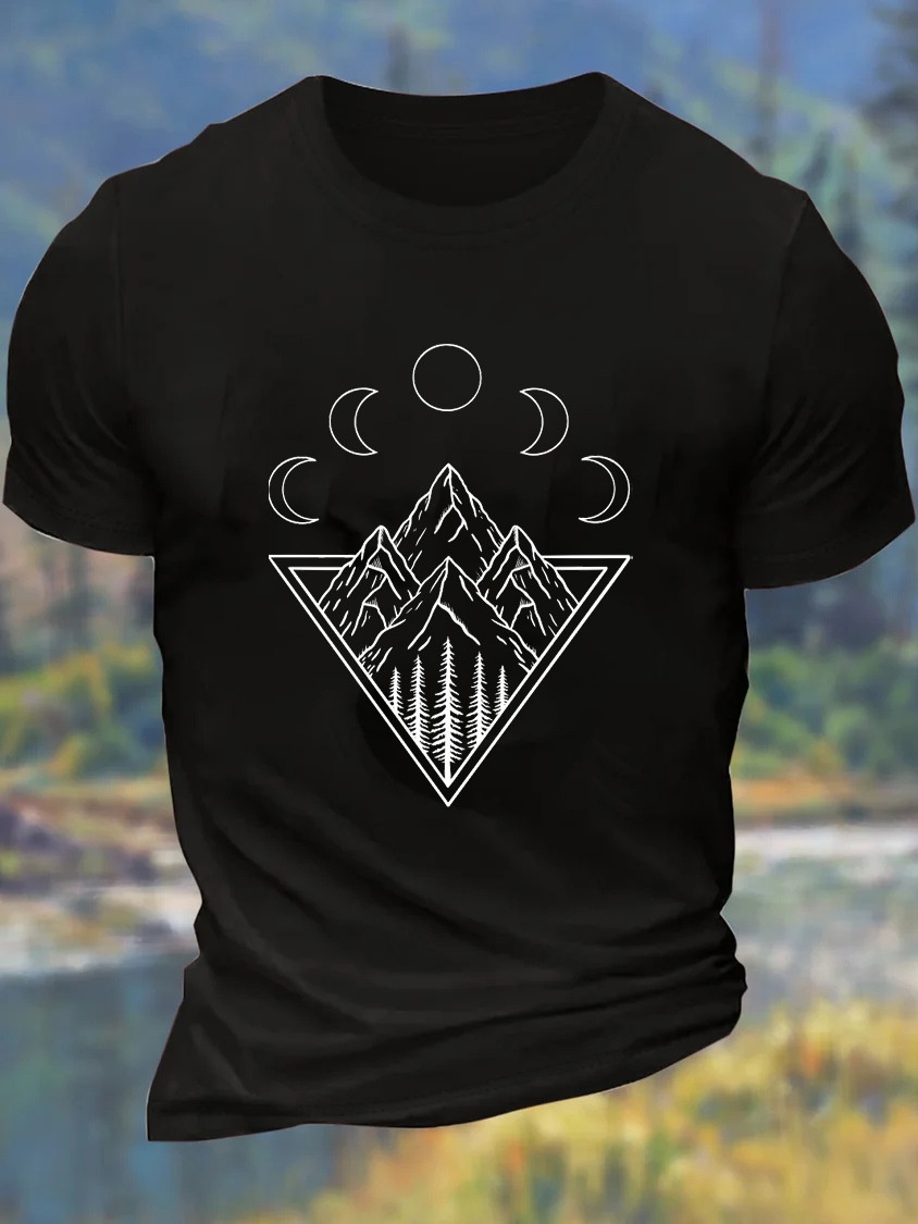European & American Oversized Men's Moonlit Mountain Line Pattern Crew Neck Loose-Fit Casual T-Shirt - TT7530