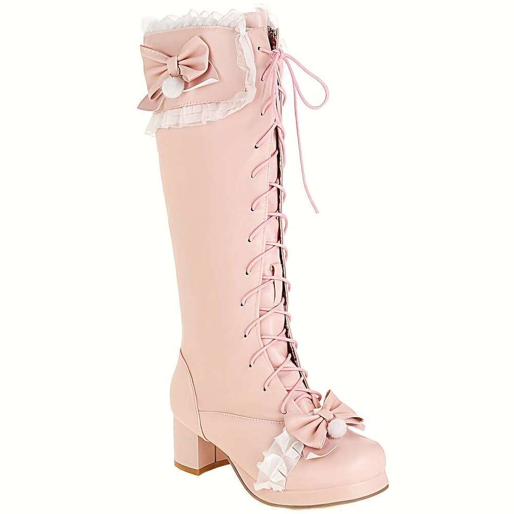 EROCALLI Women's Lace-Up Knee-High Boots With Bow Detail, Chunky Heel Side Zipper - PU Cover Dress Booties For All-Season Comfort, Casual & Wear,