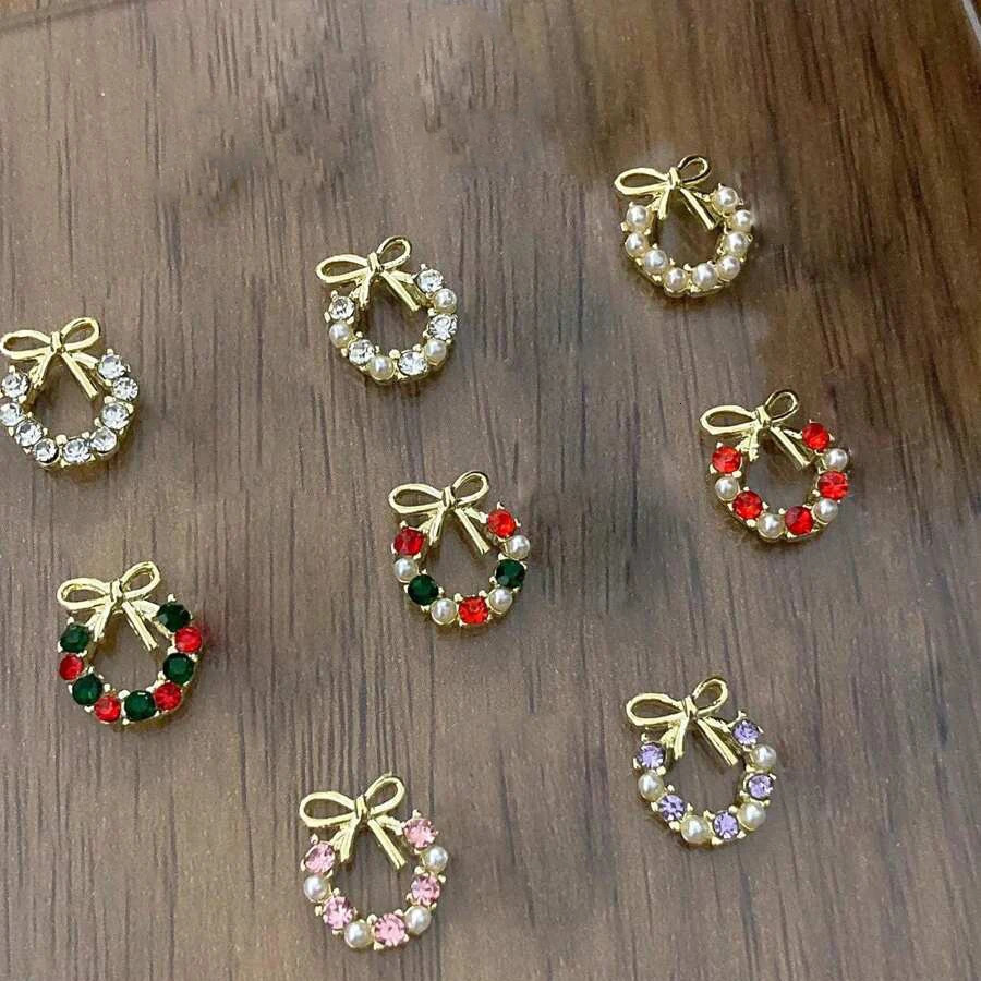 10Pcs 3D Metal Gold Silver Christmas Wreath Bowknot Rhinestone Pearl Nail Art DecorationsJewelry Charms DIY Accessoires Supplies 251027