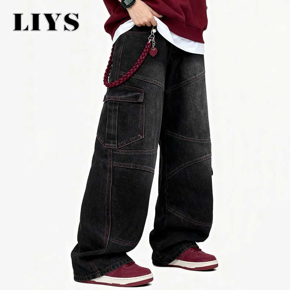 Mens American Street Retro Deconstruction Loose Wide Leg Jeans Unisex Baggy Mens Clothes Multi Pocket Skateboard Pants Jeans J251030