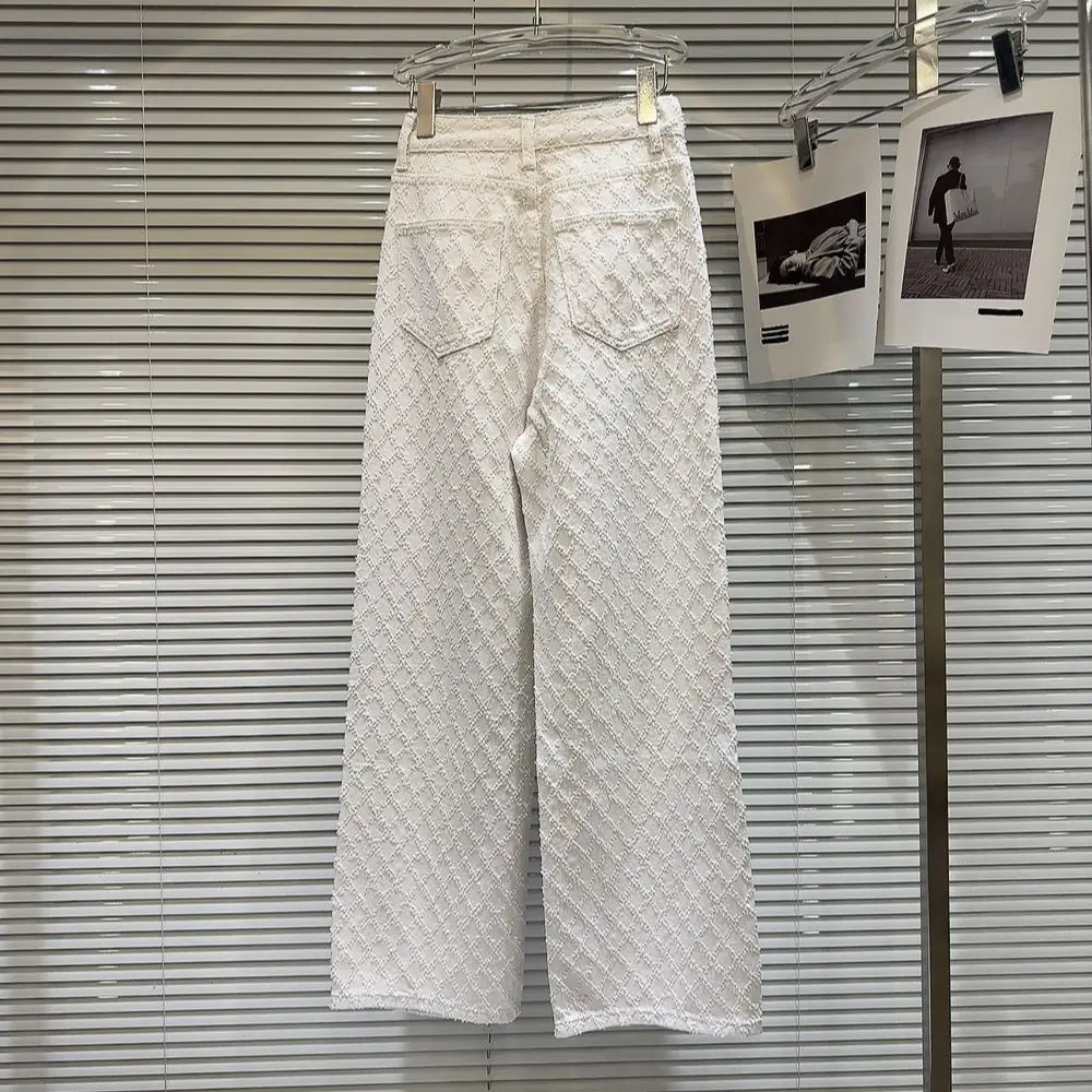 Spring Elegant Diamond Lattice Jacquard Pattern Washed and Worn Wide Leg Jeans 251029