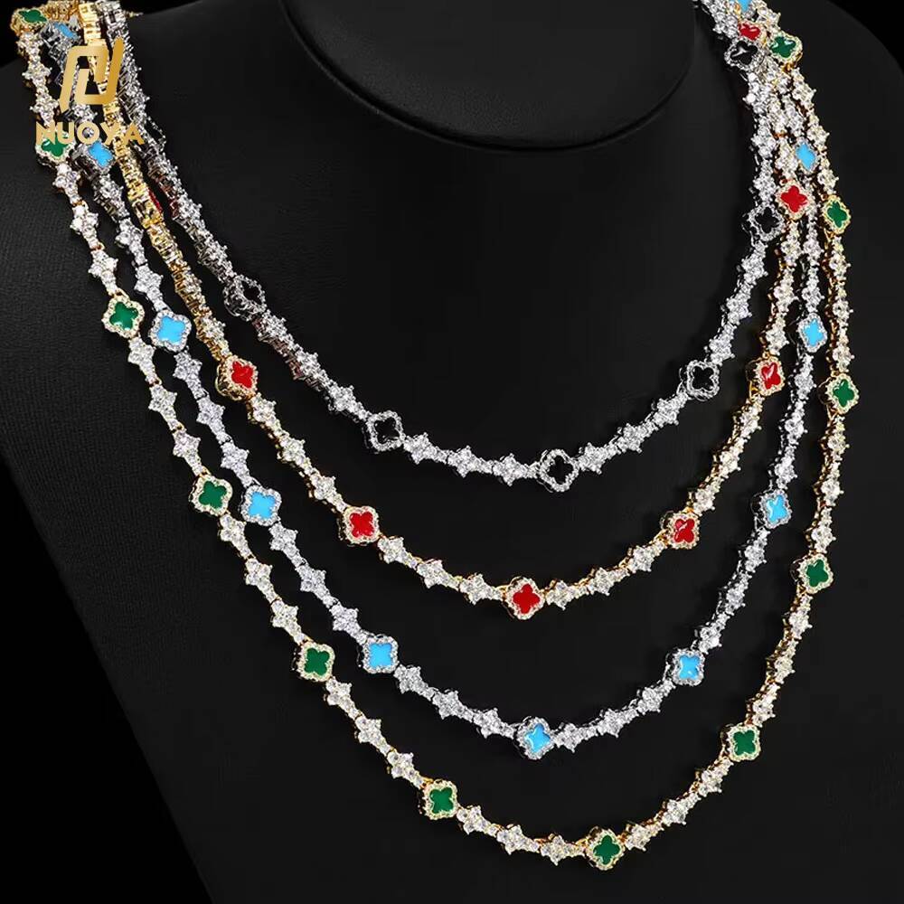 NUOYA Hip Hop New Style Iced Out Four Leaf Clover Necklace Silver Color 65mm moissanite Diamond Colorful Tennis Chain Jewelry for Women Designer'