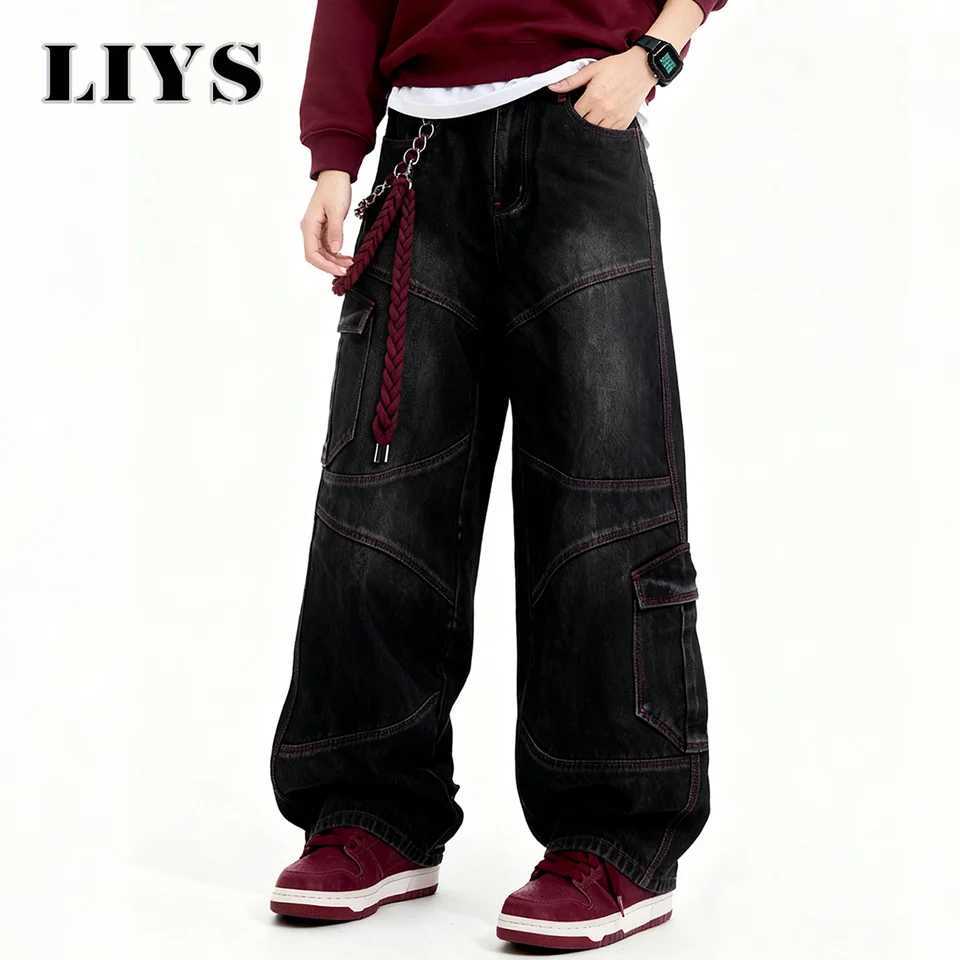 Mens American Street Retro Deconstruction Loose Wide Leg Jeans Unisex Baggy Mens Clothes Multi Pocket Skateboard Pants Jeans J251030