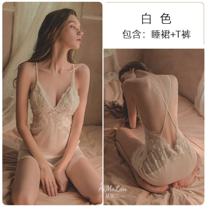 Meishilan Sexy for Women Summer Thin with Chest Pads Ice Silk Temptation Beautiful Back Private Lace Strap Nightdress 130