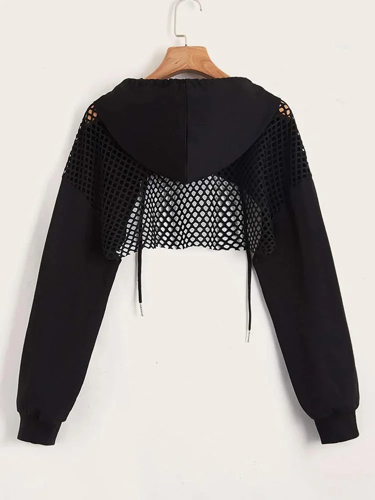 Street Sport Drop Shoulder Drawstring Hollow Out Super Crop Sports Hoodie Without Cami Top 251030