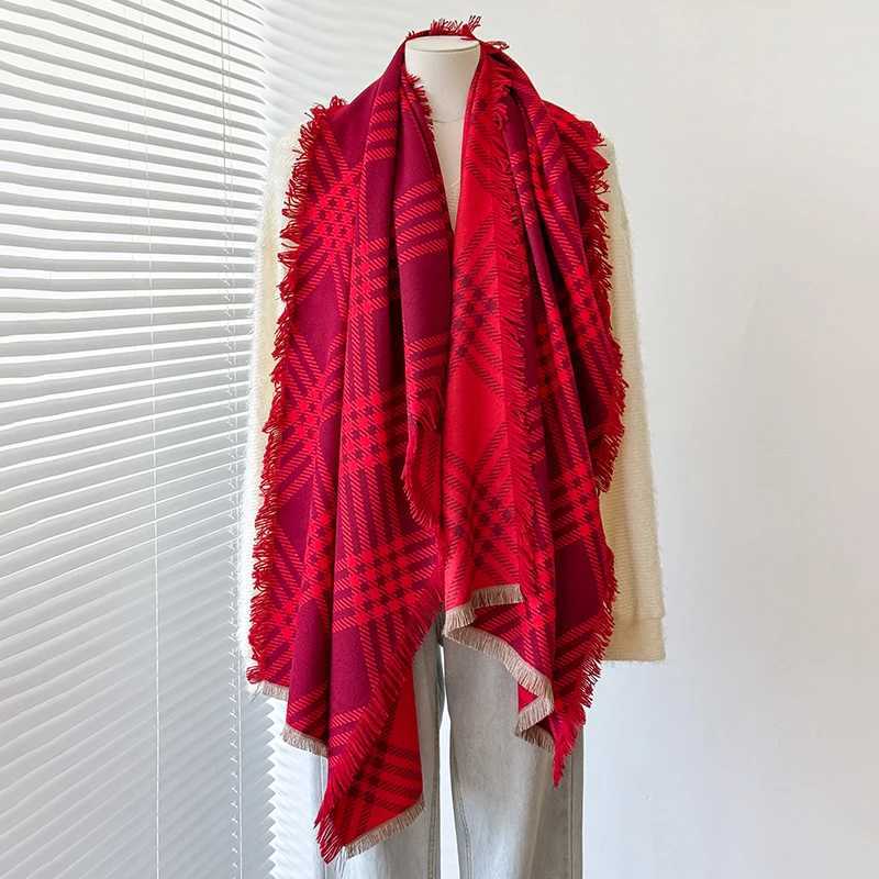 Womens Warm Striped Plaid Imitation Cashmere Scarf Simple Thick Jacquard Design Shawl for Autumn WinterW251030