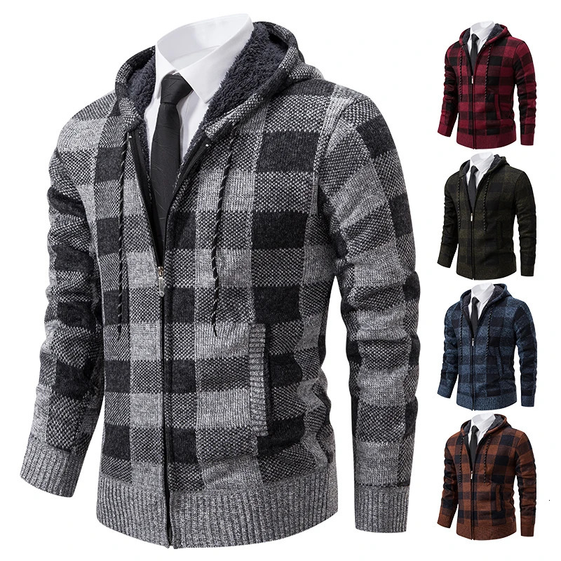 Autumn Winter Mens Cardigan Fashion Plus Velvet Padded Knit Jumpers Male Sweater Hooded Plaid Korean Coat 251017