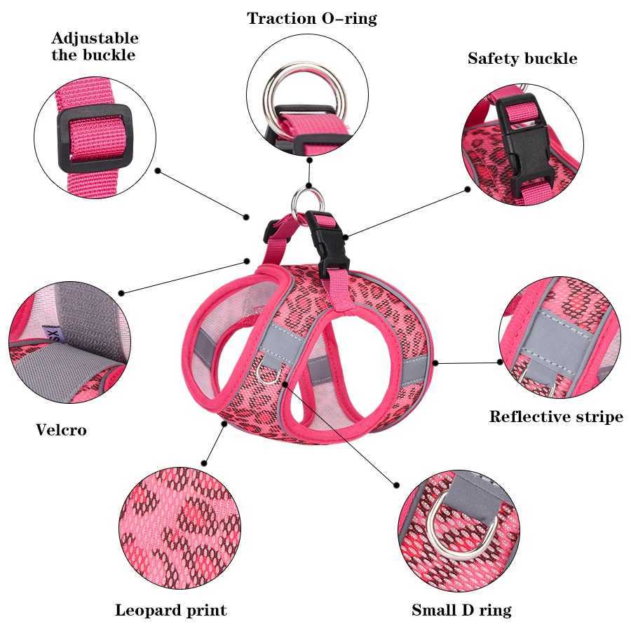 HLP428Leopard print veststyle universal harness set for cat dog with 15meter leash and highly breathable interwove mesh J251129