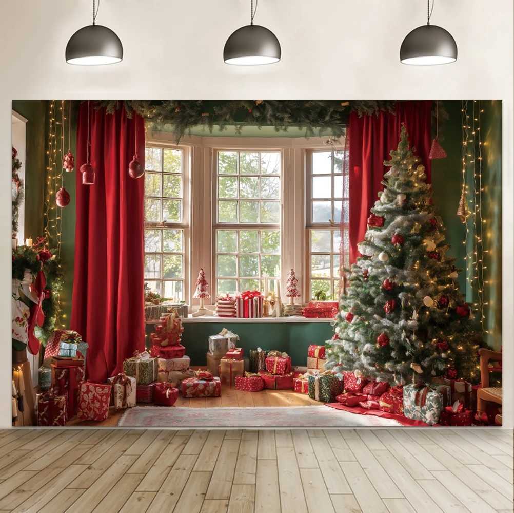2025 Christmas Backdrop Snowy Window Winter Xmas Tree Gifts Baby Photography Background New Year Christmas Family Party Decor C251030