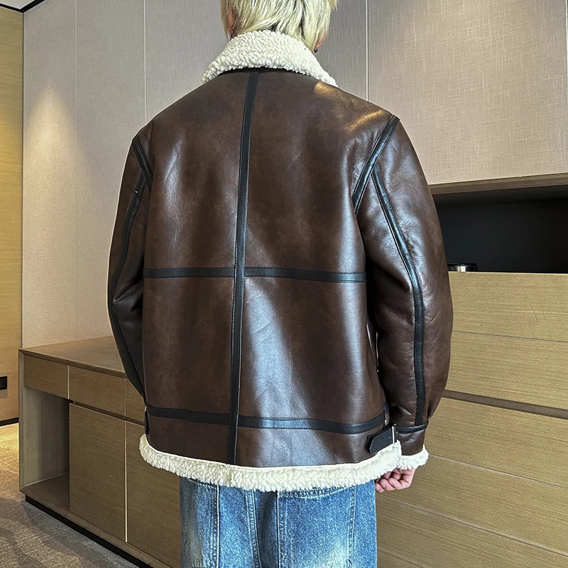 Autumn and winter warm thick leather jacket for mens trendy slim fit lapel motorcycle suit 251029