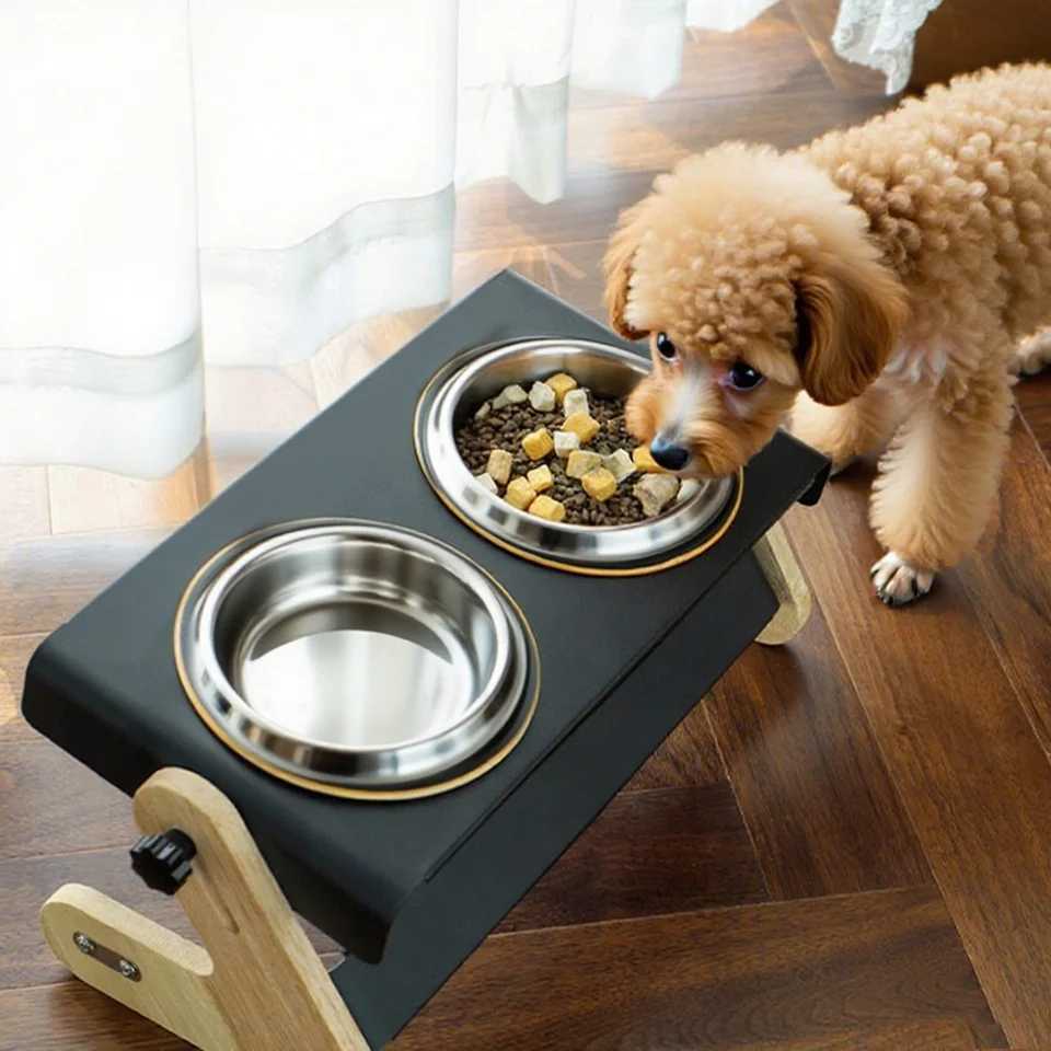 Elevated dog food and water bowl metal stand 2 stainless steel bowls adjustable tilt angle suitable for small dogs and cats J251113