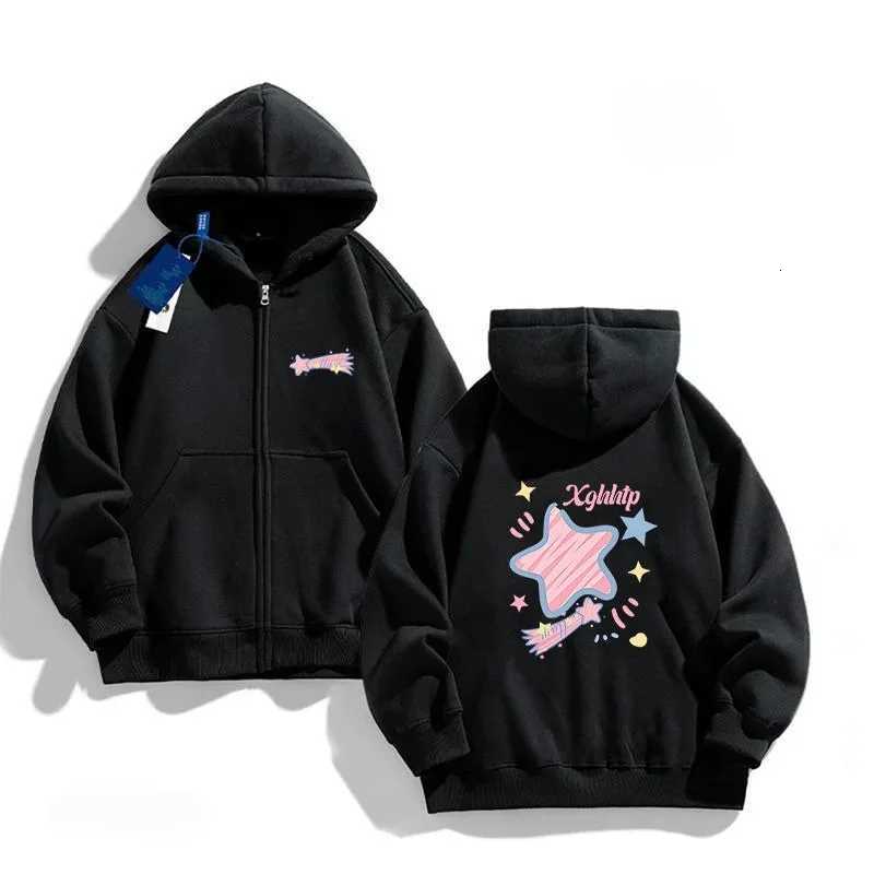 Girls American Streetwear Star Print FleeceLined ZipUp Hoodie AutumnWinter Stylish DesignT251030