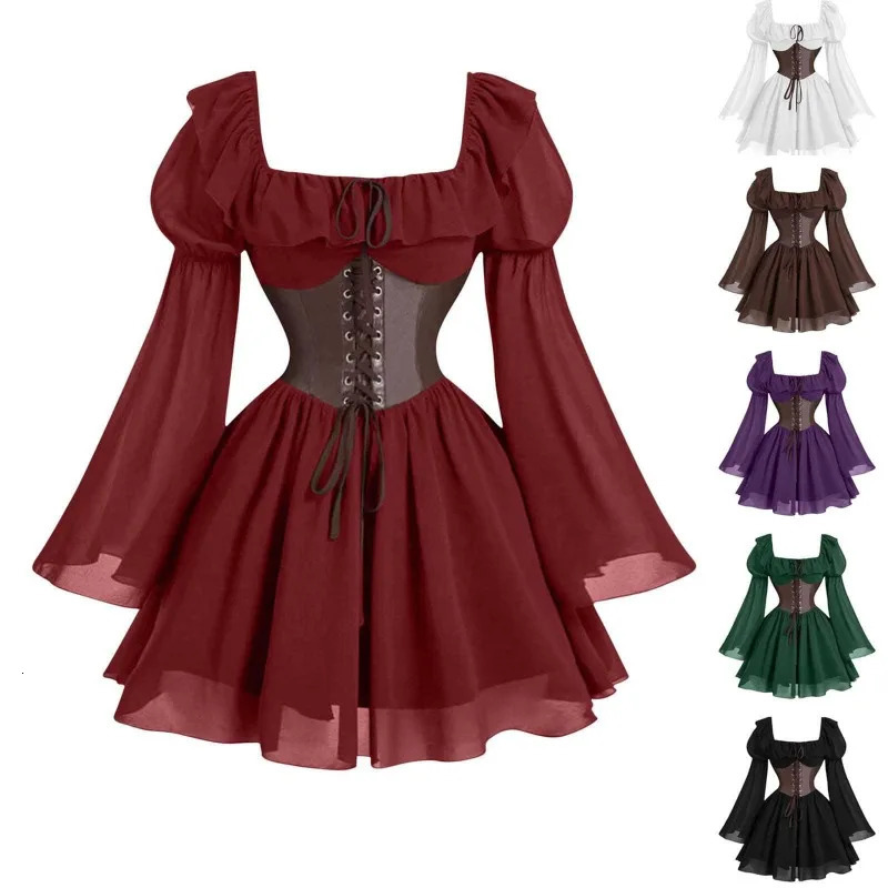 Renaissance Period Medieval Long Sleeved Womens Bubble Sleeve Dress Halloween Fashion Retro Party Waist Cinched Skirt 251027