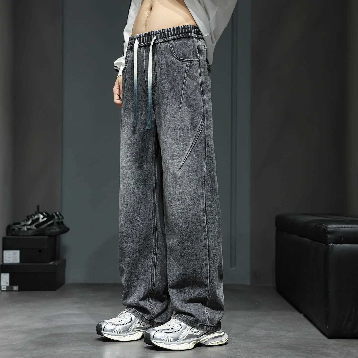 Jeans mens 2025 autumn new style American high street mens washed and worn drawstring trend straight leg denim pants J251030