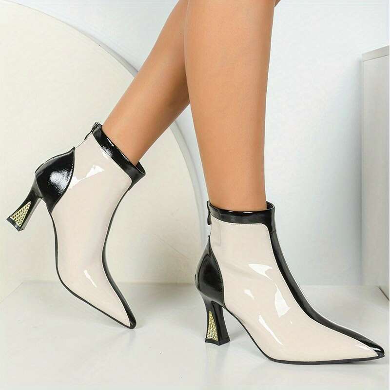 Women's Elegant Chunky Ankle Boots - Pointed Toe, Black White Color Block PU Cover Upper TPU Sole, Zipper Closure, Retro Style For Casual & Wear,