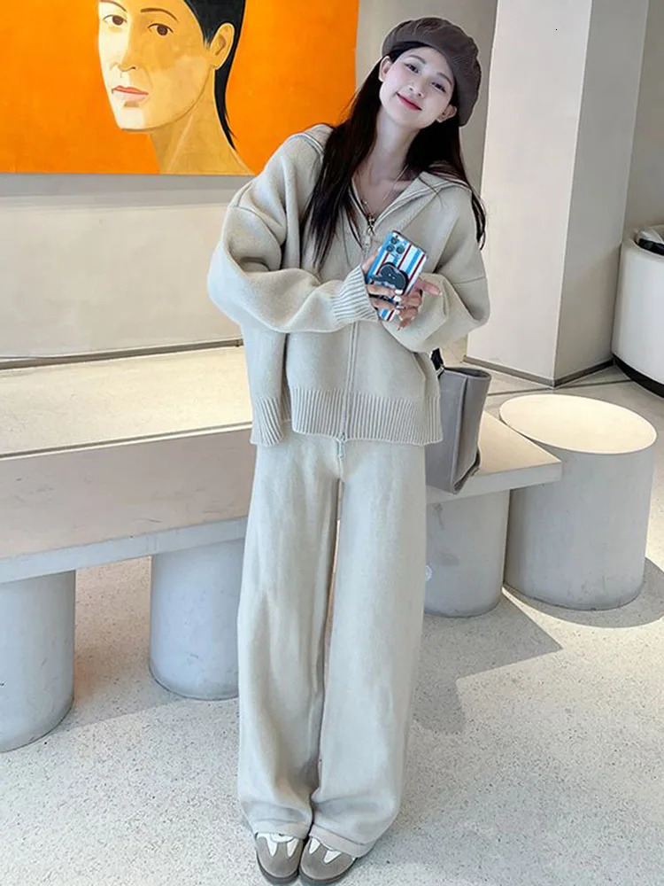 Classic Solid Knitted 2 Piece Sets Women Lapel Neck Knitwears Sweater Pullover Tops Conjuntos High Waist Loose Sweatpants Outfit 251029