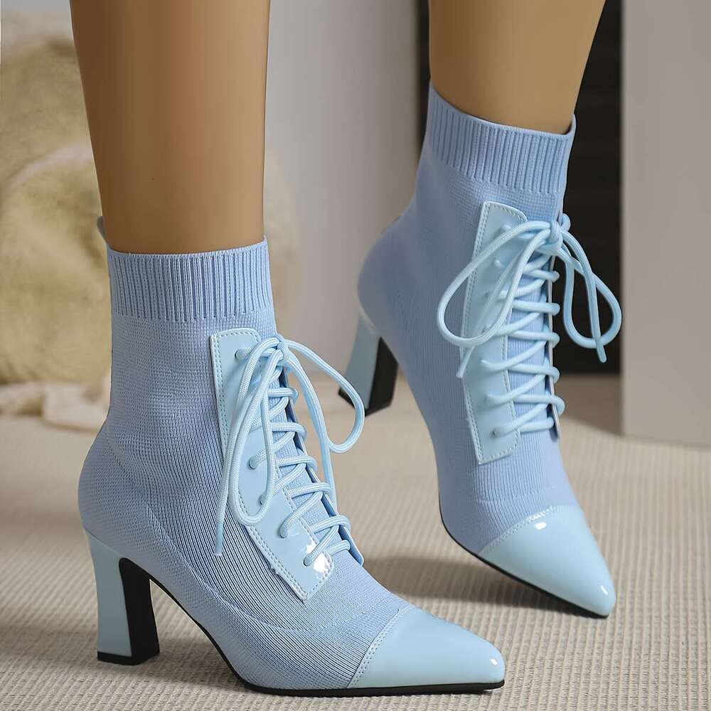 Women's Light Blue Pointed-Toe High-Heel Slip-On Chunky Heel Ankle Boots Elegant Fabric Upper With TPU Sole, Round Buckle Strap Low-Cut Design Fo