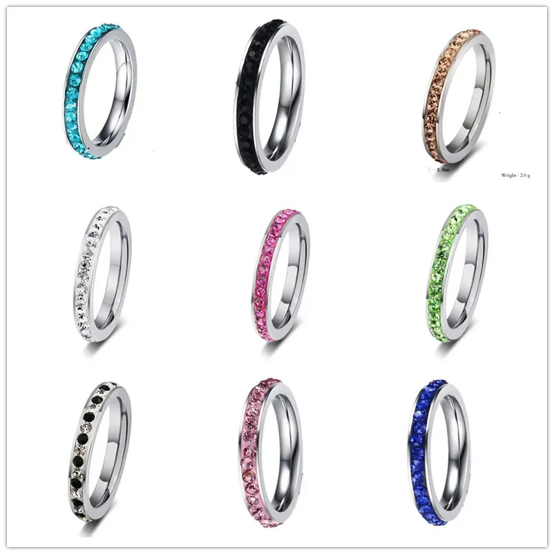 QianBei 4MM Stainless Steel Ring Band One Row Color Crystal Rhinestone Women Men Wedding Cocktail Graduation Class Xmas Gift 251023