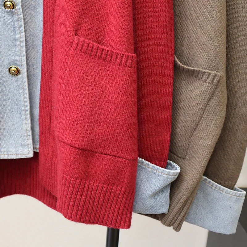 DEAT 2025 Autumn Patchwork Denim Knitted Cardigan For Women Loose Singlebreasted Sweater Coat Female Trendy 11A05629 251029