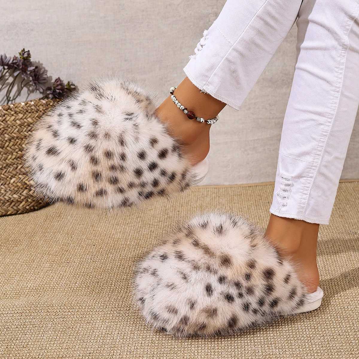Women Slippers Leopard Print Flat Bottom Fur Slippers Women Autumn Winter Fashion Home Shoes Warm AntiSlip Cotton Slides Women H251030