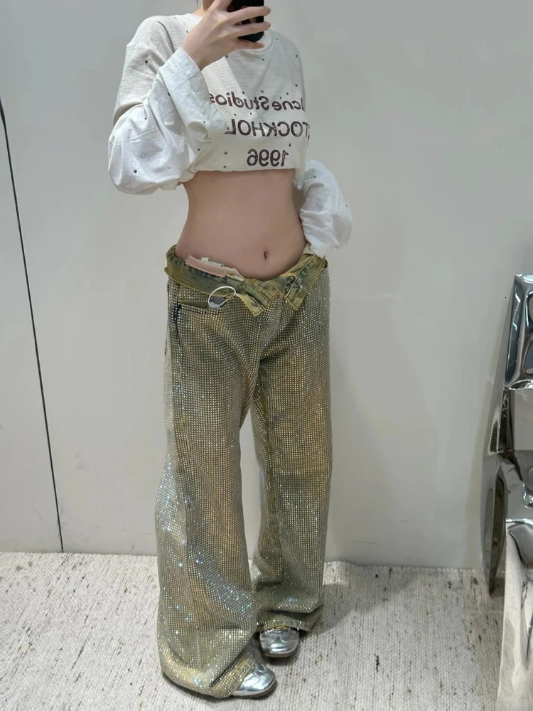 Autumn Heavy Industry Starry Sky Crystal Diamond Wash Jeans for Women Spring 2025 Loose Wide Leg Pants 251029