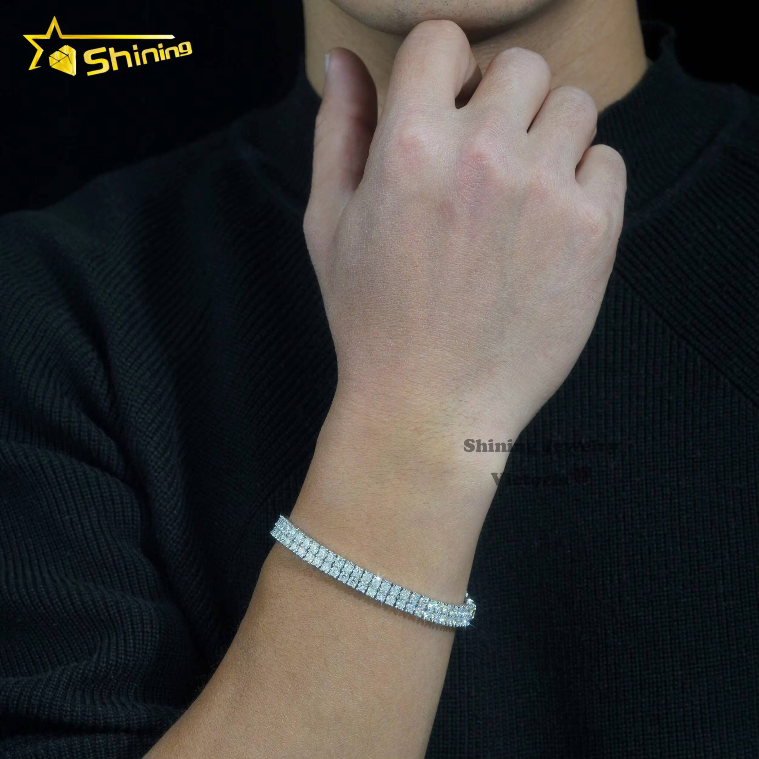 New Design Two Rows Diamond 14k Gold Plated Bracelet Sterling Silver 925 Vvs Moissanite Hip Hop Jewelry Lab Diamond Tennis Chain