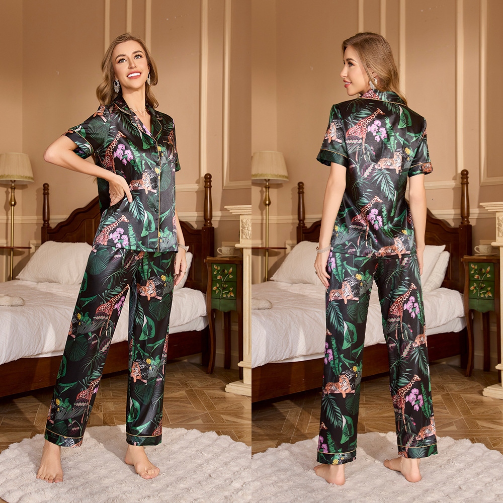 Yaoting Ice Silk Pajamas for Women Summer Short Sleeve Long Pants Homewear Set Highend Printed Twopiece Set TZ3432 230828